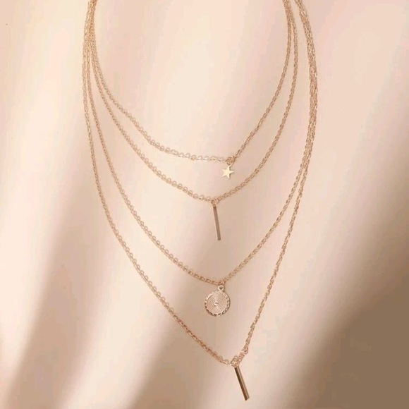 Gold Multilayered Minimalist Necklace, Star, Statement, Four Layers, Boho Style - Picture 5 of 6